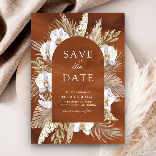 Save The Date Boho Pampas Orchidée Blanche Terre Cuite Mariage