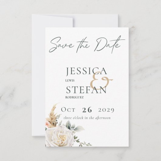 Save The Date Boho Pampas & Roses Roses Rose Mariage blanc (Devant)