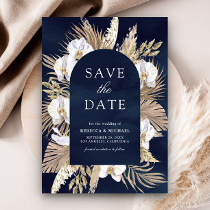 Save The Date Boho Pampas White Orchid Mariage bleu marine