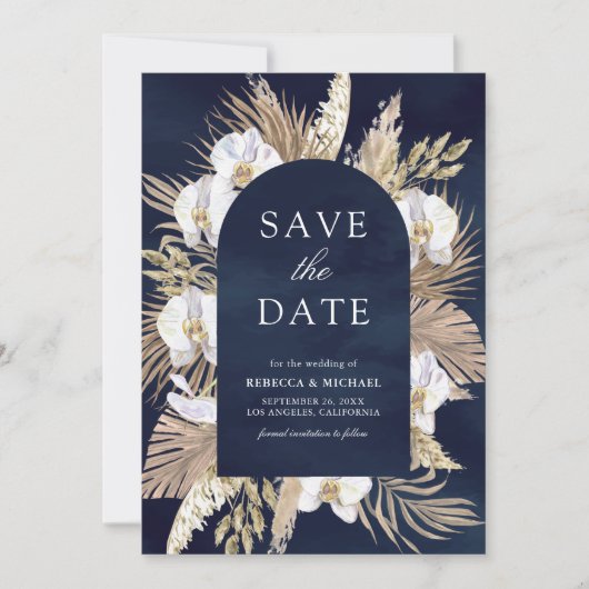 Save The Date Boho Pampas White Orchid Mariage bleu marine (Devant)