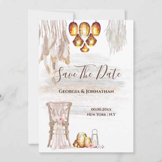 Save The Date Boho pays macrame string lumières plume lanterne (Devant)
