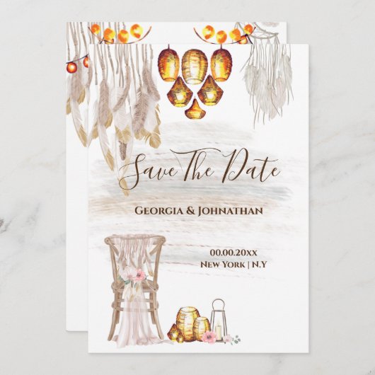 Save The Date Boho pays macrame string lumières plume lanterne (Devant / Derrière)