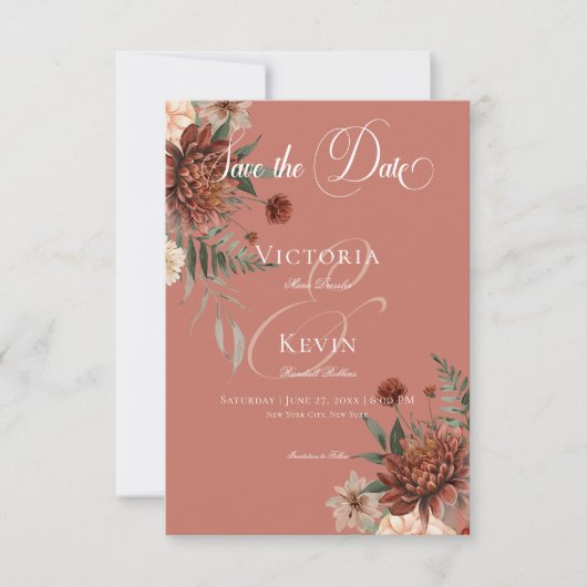 Save The Date Boho Peach & Rust Floral Rust Mariage (Devant)
