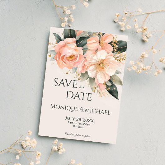 Save The Date Boho pêche mariage à fleurs terrestres
