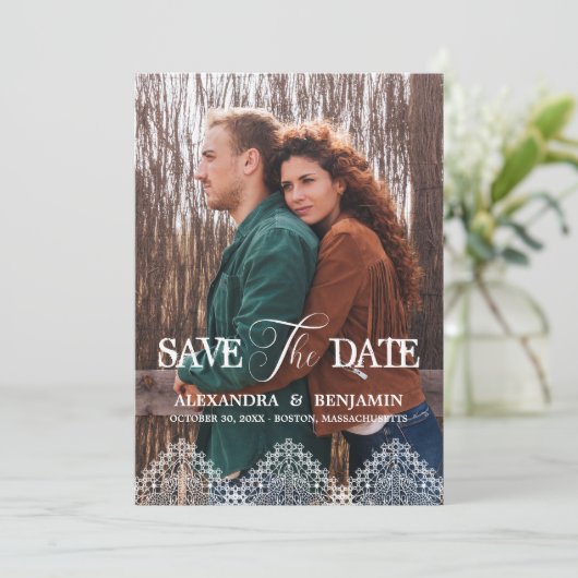 Save The Date Boho Photo Lace Effect Whimsical Typography (Debout devant)