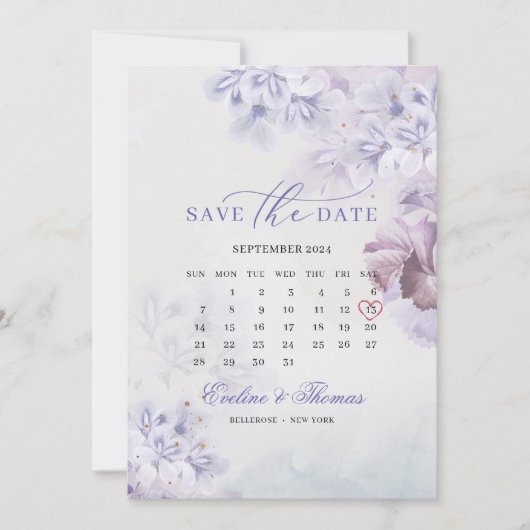 Save The Date Boho printemps fleurs mauve mois calendrier (Devant)