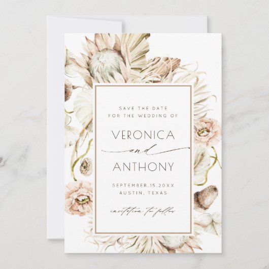 Save The Date Boho Protea Pampas Aquarelle en laiton Mariage Pho (Devant)