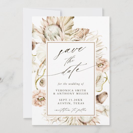 Save The Date Boho Protea Pampas Aquarelle en laiton Mariage Pho (Devant)