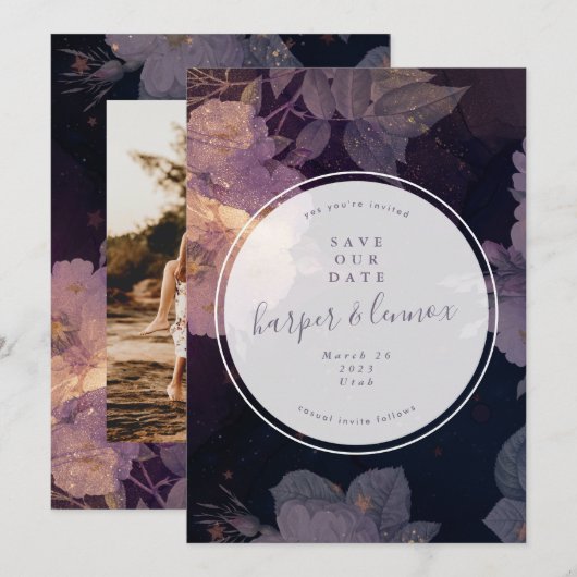 Save The Date Boho Purple Floral Winter Circle Photo (Devant / Derrière)