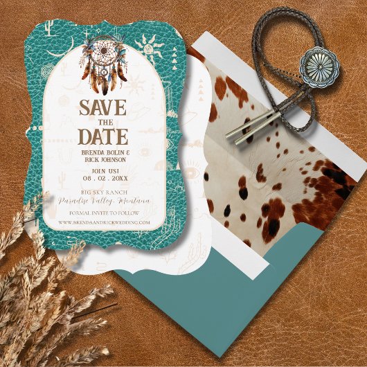 Save The Date Boho Ranch Mariage en cuir turquoise Enregistrer l