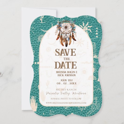 Save The Date Boho Ranch Mariage en cuir turquoise Enregistrer l (Devant)