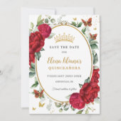 Save The Date Boho Red Peonies Floral Butterflies Quinceañera (Devant)