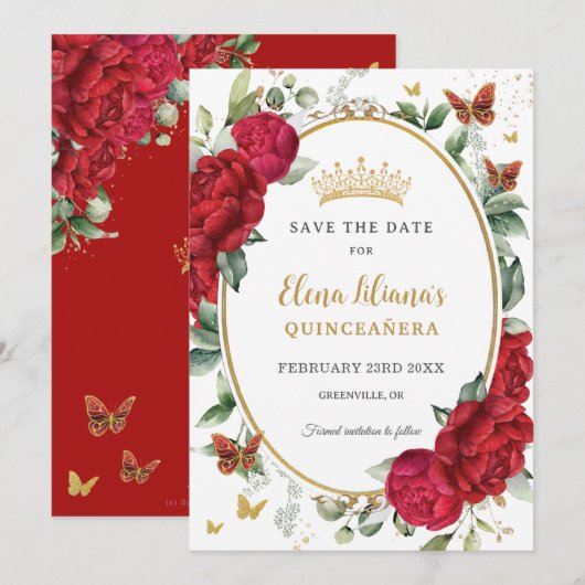 Save The Date Boho Red Peonies Floral Butterflies Quinceañera (Devant / Derrière)
