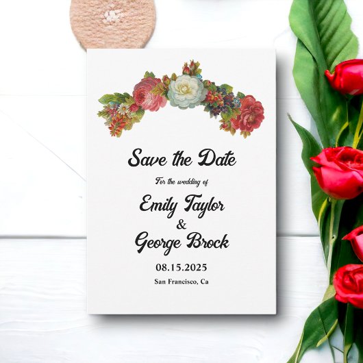 Save The Date Boho rose blanc Roses rouges Floral Élégant Mariag
