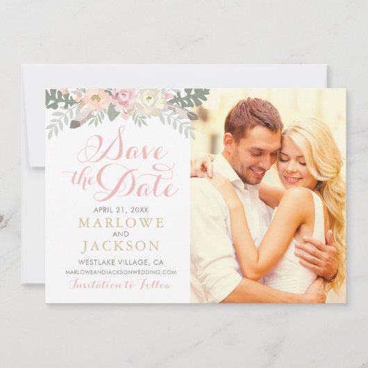 Save The Date Boho rose et or floral Mariage photo (Devant)
