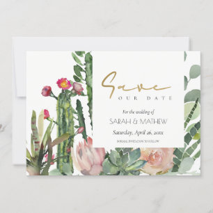SAVE THE DATE BOHO ROSE FLEUR DÉCOR CACTUS FEUILLAGE AQUARELLE S