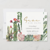 SAVE THE DATE BOHO ROSE FLEUR DÉSERTIQUE CACTUS FEUILLAGE AQUARE (Devant)