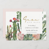 SAVE THE DATE BOHO ROSE FLEUR DÉSERTIQUE CACTUS FEUILLAGE AQUARE (Devant / Derrière)