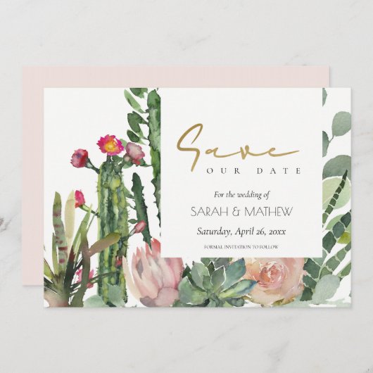 SAVE THE DATE BOHO ROSE FLEUR DÉSERTIQUE CACTUS FEUILLAGE AQUARE (Devant / Derrière)