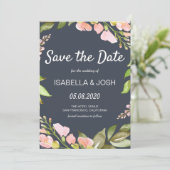 Save The Date Boho rose floral bleu foncé Enregistrer la date (Debout devant)