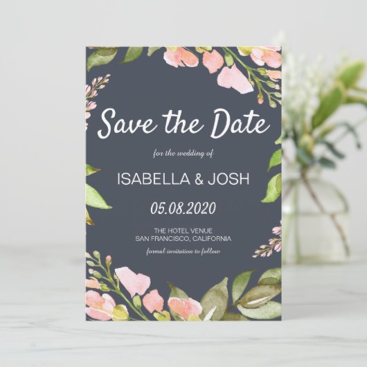 Save The Date Boho rose floral bleu foncé Enregistrer la date (Debout devant)