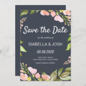 Save The Date Boho rose floral bleu foncé Enregistrer la date (Devant / Derrière)