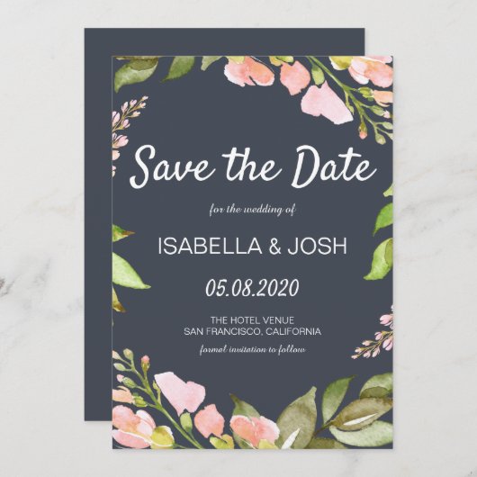 Save The Date Boho rose floral bleu foncé Enregistrer la date (Devant / Derrière)
