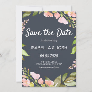 Save The Date Boho rose floral bleu foncé Enregistrer la date