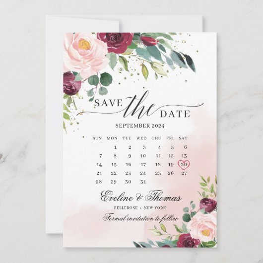 Save The Date Boho rose rousse bordeaux calendrier du mois fleur (Devant)