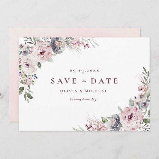 Save The Date Boho rose roux Dusty floral enregistrer la date (Devant / Derrière)