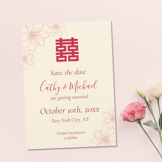 Save The Date Boho rouge et beige floral mariage chinois