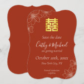 Save The Date Boho rouge moderne floral mariage chinois (Devant / Derrière)