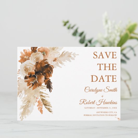 Save The Date Boho Rouille Et Pampas Grass Élégant (Debout devant)