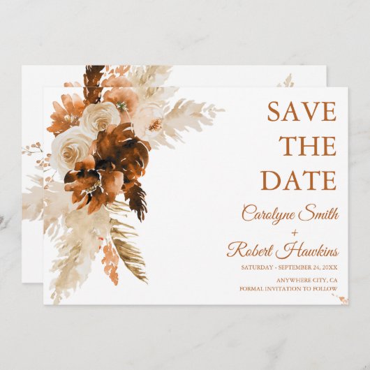 Save The Date Boho Rouille Et Pampas Grass Élégant (Devant / Derrière)