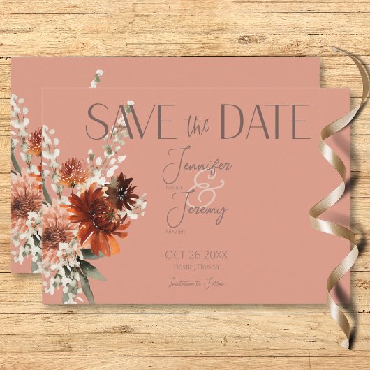 Save The Date Boho Rust & Chute Neutre Floral Peach Rust Mariage