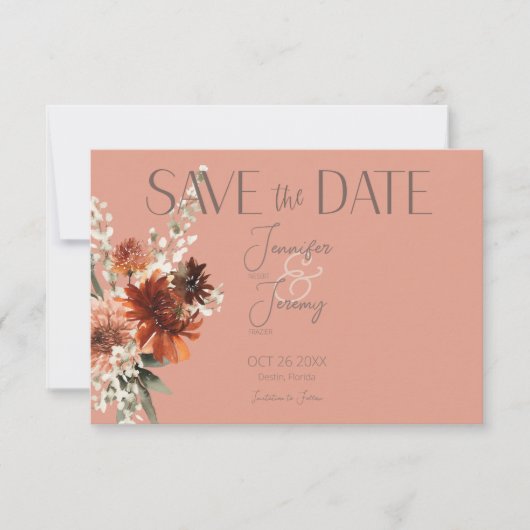 Save The Date Boho Rust & Chute Neutre Floral Peach Rust Mariage (Devant)