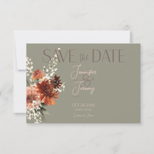Save The Date Boho Rust & Chute Neutre Floral Sage Mariage vert (Devant)