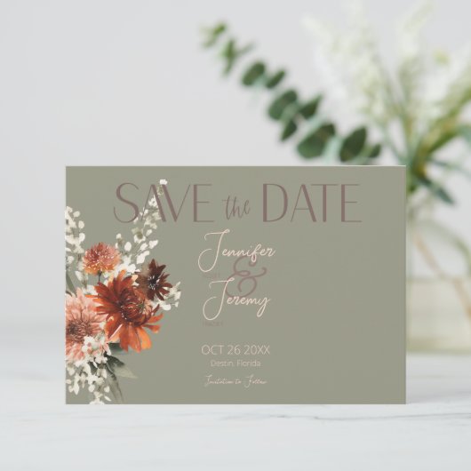Save The Date Boho Rust & Chute Neutre Floral Sage Mariage vert (Debout devant)