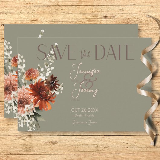 Save The Date Boho Rust & Chute Neutre Floral Sage Mariage vert