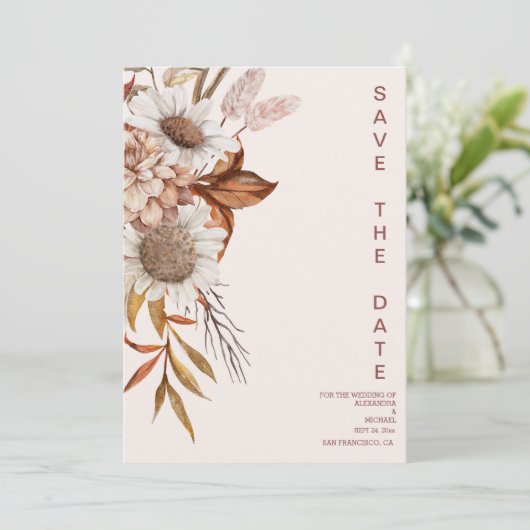 Save The Date Boho Rust Terracotta Mariage Fleurs de ventilateur (Debout devant)