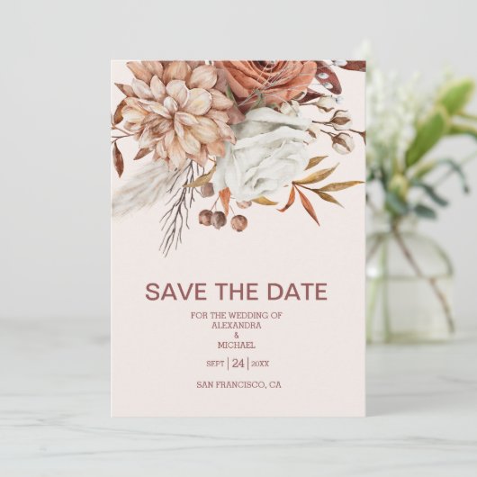 Save The Date Boho Rust Terracotta séché Fan Fleurs Mariage (Debout devant)