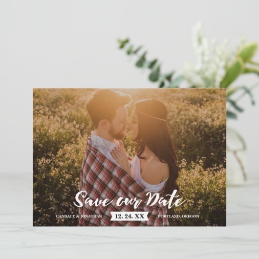 Save The Date Boho Rustic Brush Script Photo Enregistrer la date (Debout devant)