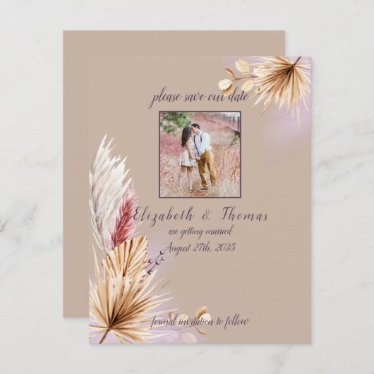 Save The Date Boho Rustic Summer Pampas Grass Mariage (Devant / Derrière)