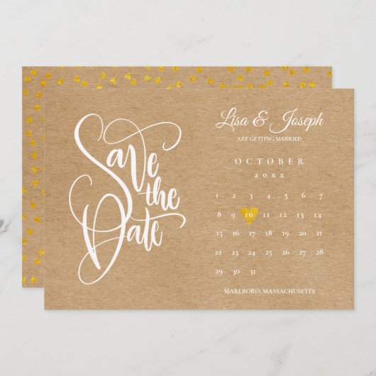 Save The Date Boho Rustique Calendrier Gold Love Heart (Devant / Derrière)