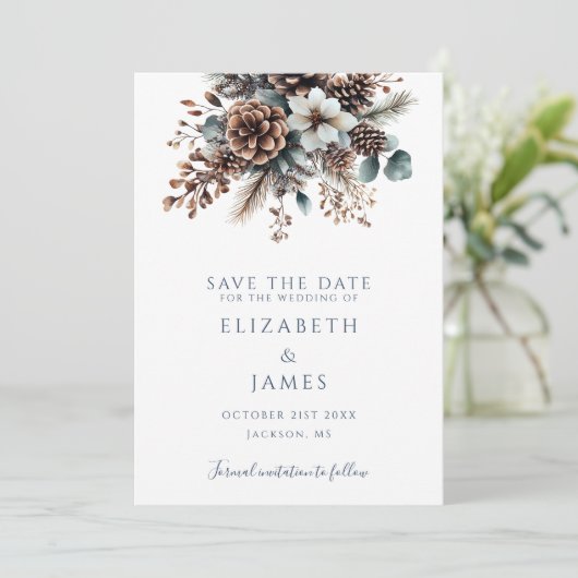 Save The Date Boho Rustique Floral Pinecones Mariage (Debout devant)