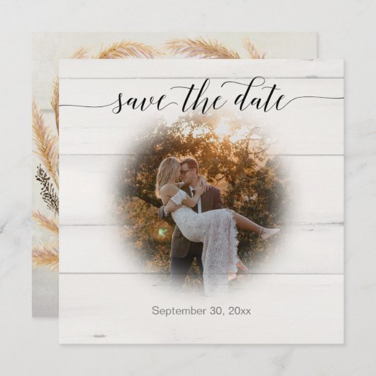 Save The Date BOHO Rustique Script Typographie Pampas Grass Phot (Devant / Derrière)