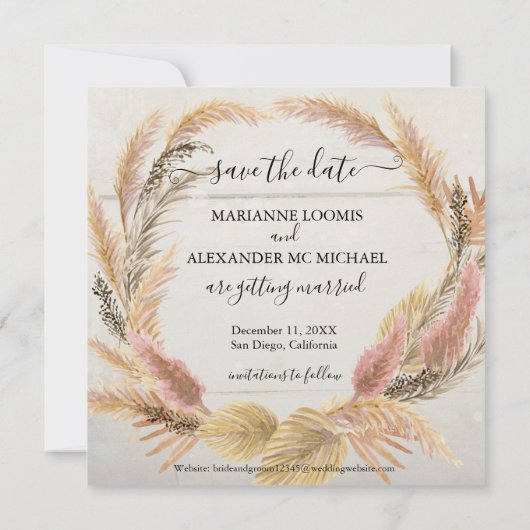 Save The Date BOHO Rustique Script Typographie Pampas Grass Phot (Dos)