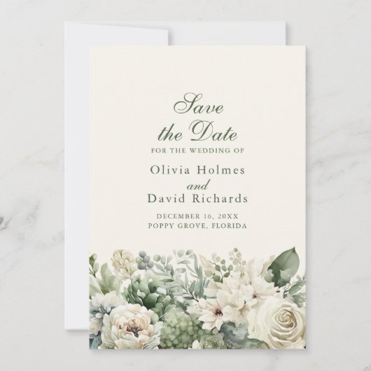 Save The Date Boho Sage Green & Ivory Flowers Enregistrer La Car (Devant)