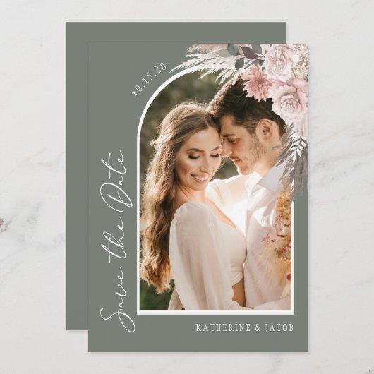 Save The Date Boho Sage Green Photo Wedding Enregistrer La Date (Devant / Derrière)