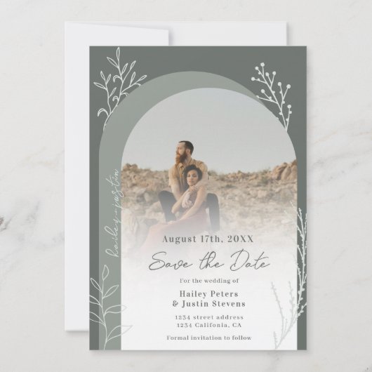 Save The Date Boho sauge vert photo noms script arche mariage (Dos)